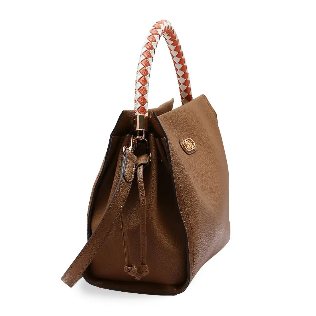 Bolsa Chenson marrom vista lateral mostrando alça trançada e detalhes do acabamento